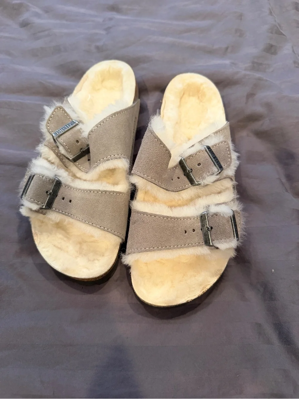 Birkenstock Gray Suede Shearling Arizona buckle sandal